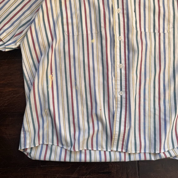 VAN HUESEN Shirt SZ  L Rainbow Stripes Buttons 1 pocket cotton Paint Splatter - Picture 3 of 7